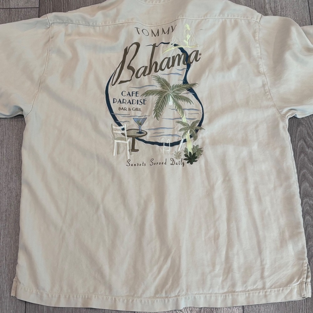 Tommy Bahama Silk Shirt Mens XL Beige Cafe Paradise Embroidered Back Camp Aloha